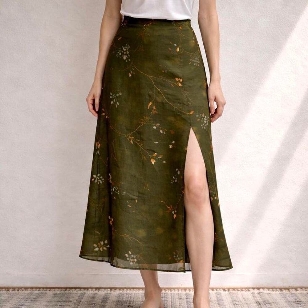 Vintage Italian Olive Green Earthy Floral Midi Fairy Skirt Size 10 Medium